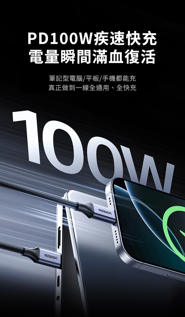 【綠聯】100W Type-C轉Type-C 磁吸不鏽鋼48股編織充電傳輸線 1公尺｜PD | 蝦皮購物