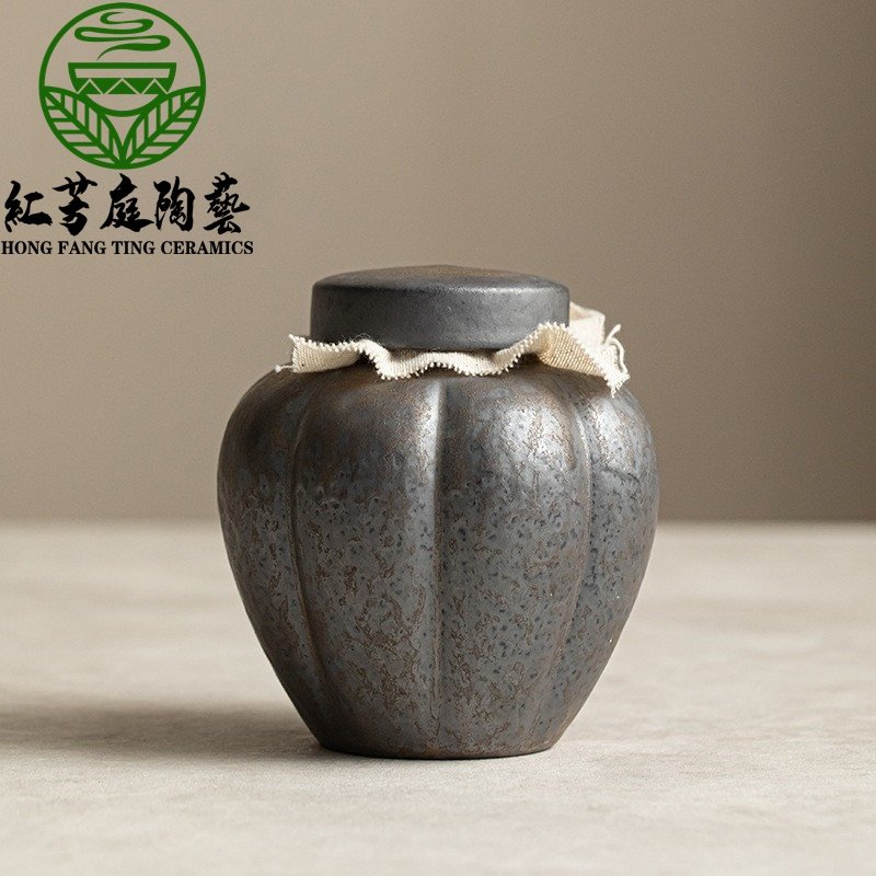 紅芳庭【日式茶葉罐】鎏金茶倉茶具瓜形茶倉陶瓷茶葉罐復古日式茶具醒茶