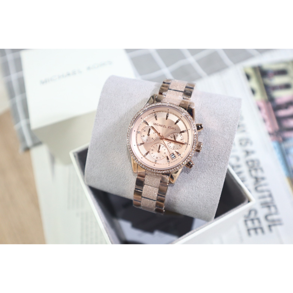 【良威精品】MK Michael Kors 三眼鑲鑽 玫瑰金 蝴蝶扣 MK6598 全新/美國代購/現貨/滿額免運 | 蝦皮購物