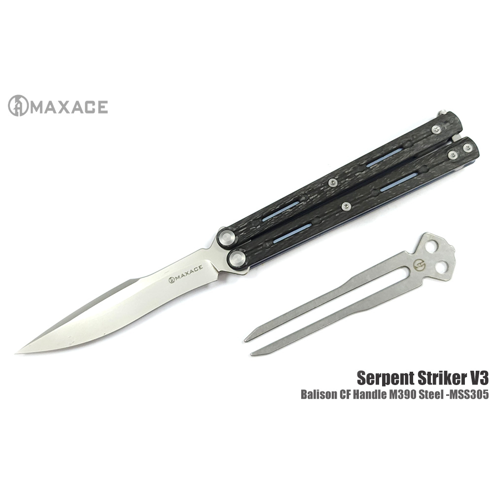 Maxace Serpent Striker V3 新海蛇V3 碳纖柄矛刃蝴蝶刀(附訓練叉) -M390鋼(石洗處理) | 蝦皮購物