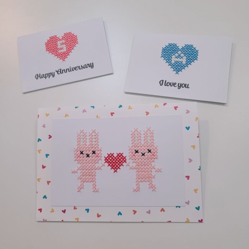 [3F-2雜貨舖] 紙刺繡手工卡片 TOGETHER FOREVER 十字繡兔兔手縫卡/ 情人節快樂 七夕 情人卡告白卡 | 蝦皮購物