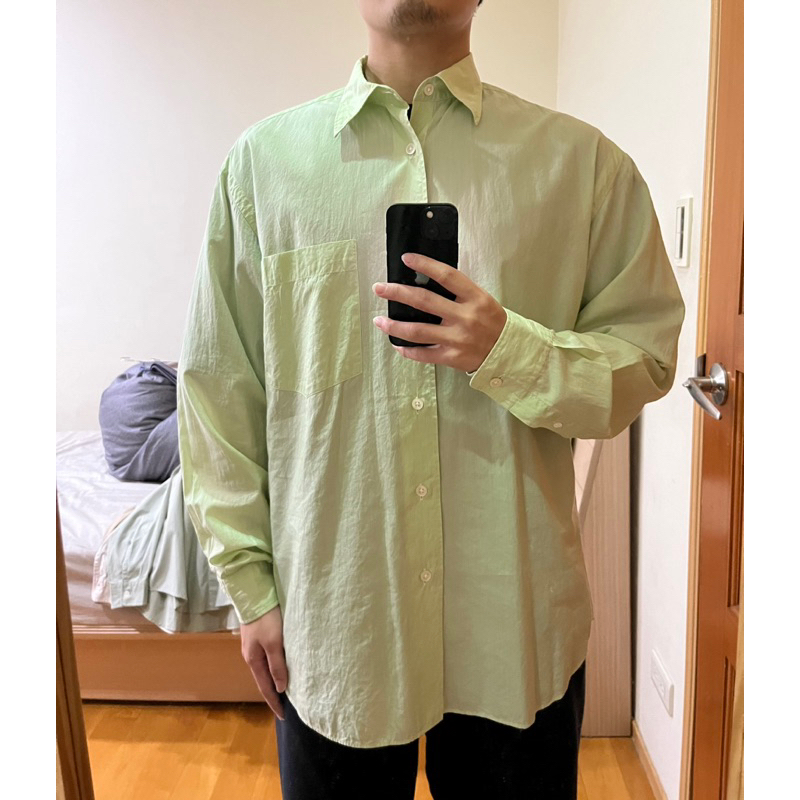 二手) AURALEE / FINX SILK STRIPE SHIRTS 3號日系條紋綠色春夏質感