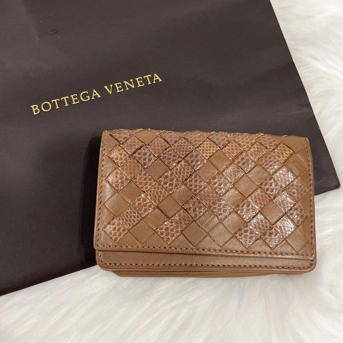 哈極品】美品《Bottega Veneta BV駝色編織拼蛇皮名片夾/卡片夾/皮夾