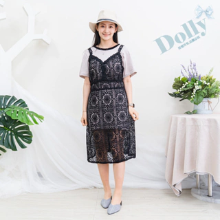 台灣現貨  大尺碼2件式外蕾絲吊帶洋裝-Dolly多莉大碼專賣店