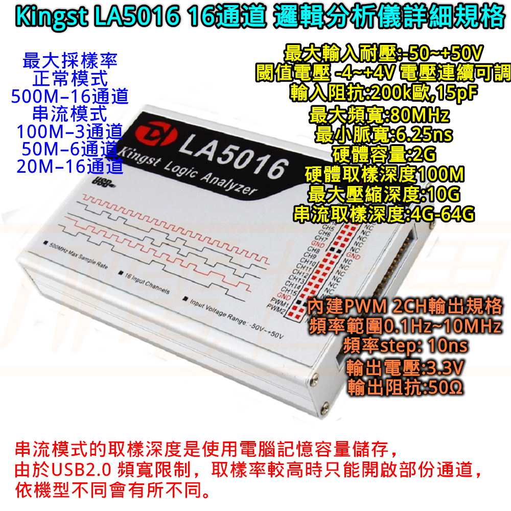 ⚡️電世界⚡️Kingst LA5016 USB 邏輯分析儀16路通道500M採樣率可調