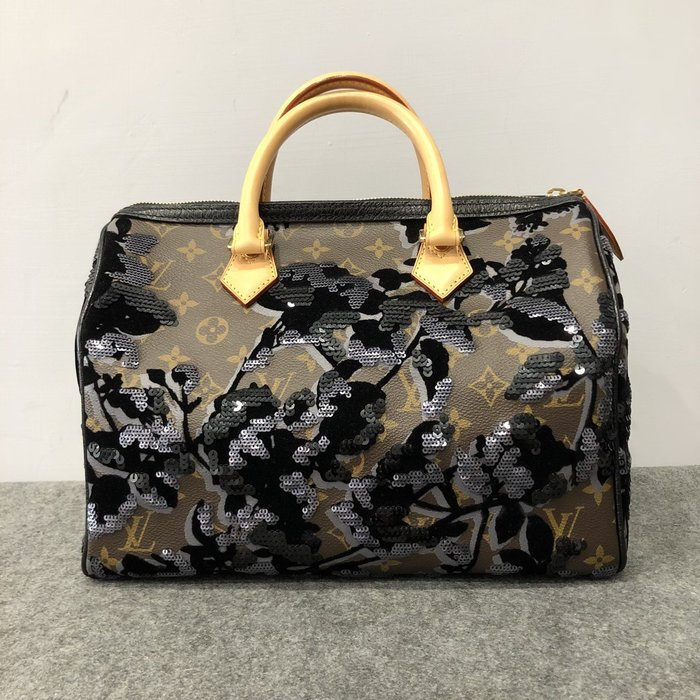 【哈極品】美品 《Louis Vuitton LV 限量款 老花字紋絲絨亮片speedy 30公分波士頓包》M40436