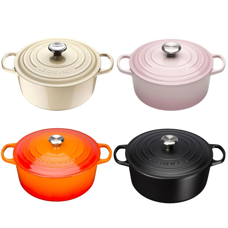 《法國 Le Creuset》現貨 圓鐵鍋 24cm 奶油白 火焰橘 沉髮黑 貝殼粉 琺瑯鍋 鑄鐵鍋 烹飪