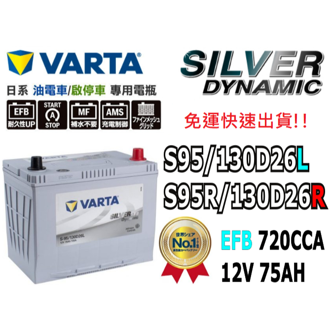 全新VARTA華達S95/130D26L S95R/130D26R EFB 啟停車油電車電瓶電池有排