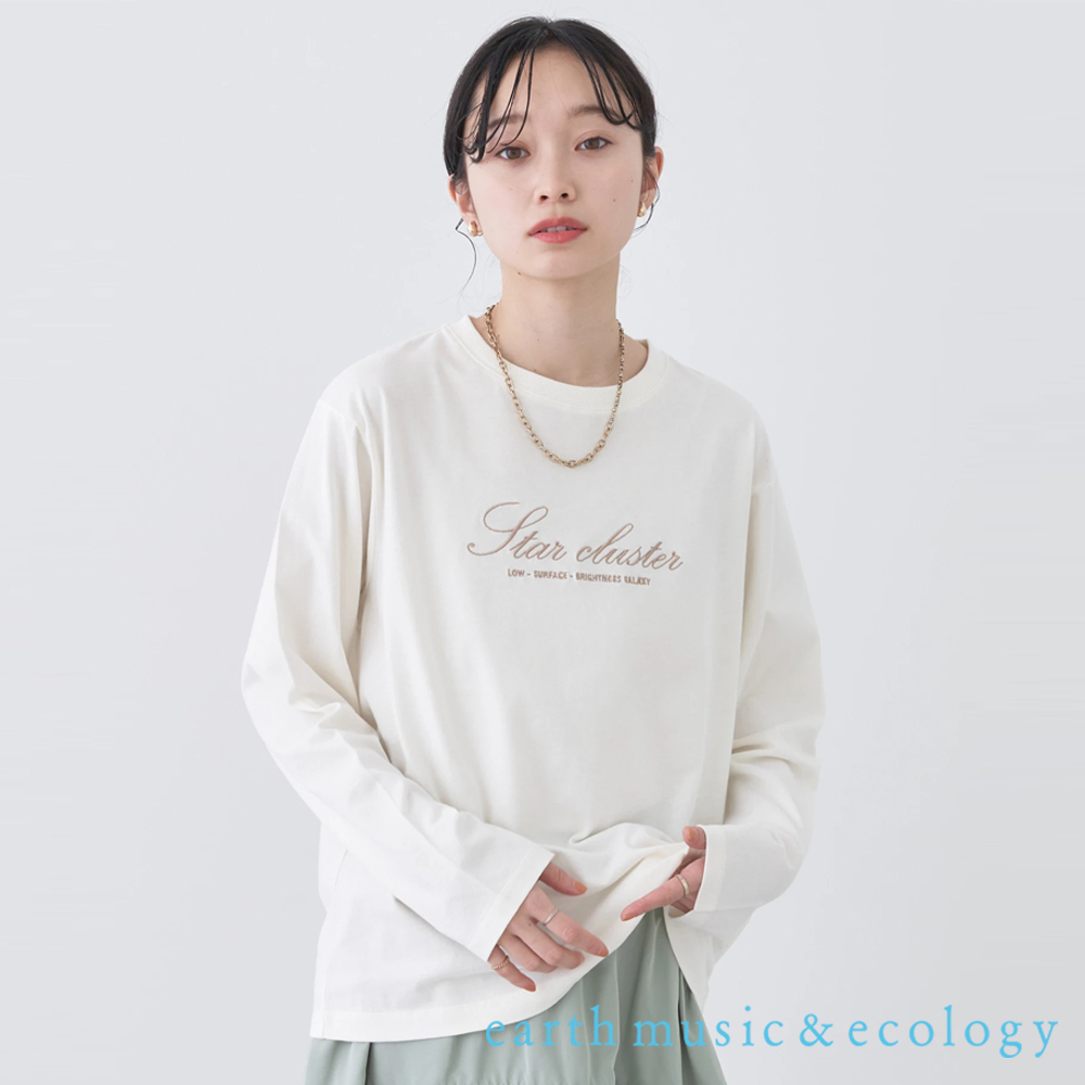earth music&ecology Star cluster 標語刺繡純棉圓領長袖T恤