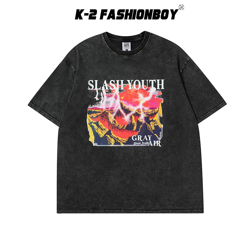 K-2】SLASH YOUTH 火炎山閃電火山紅色山脈岩石爆裂閃電水洗短袖上衣