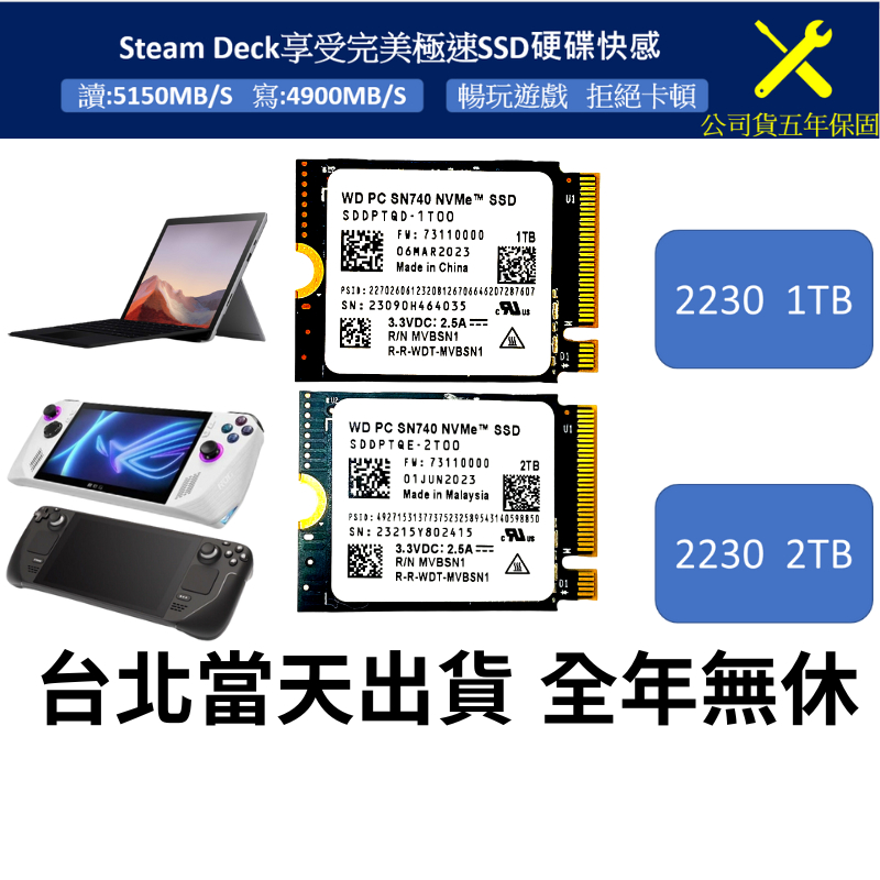 台灣全新現貨五年保固Steam Deck Ally高速SSD【1TB / 2TB】WD SN740 