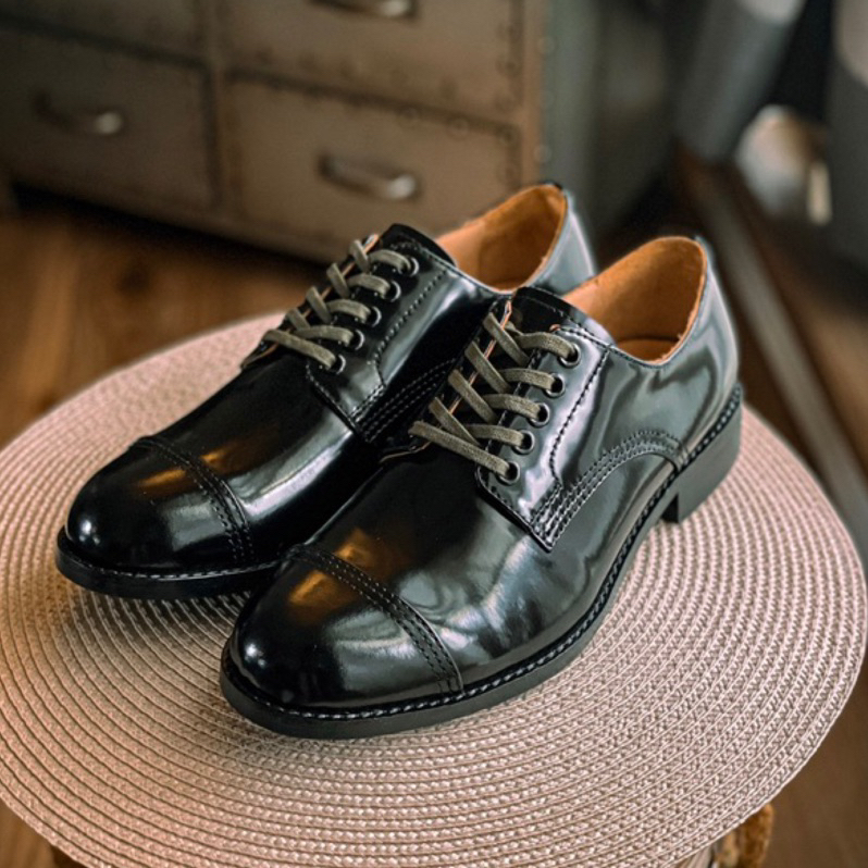 黑色亮面皮鞋 德比鞋 復古 軍裝風 英倫 工裝風 手工 休閒 military derby shoes 1128B