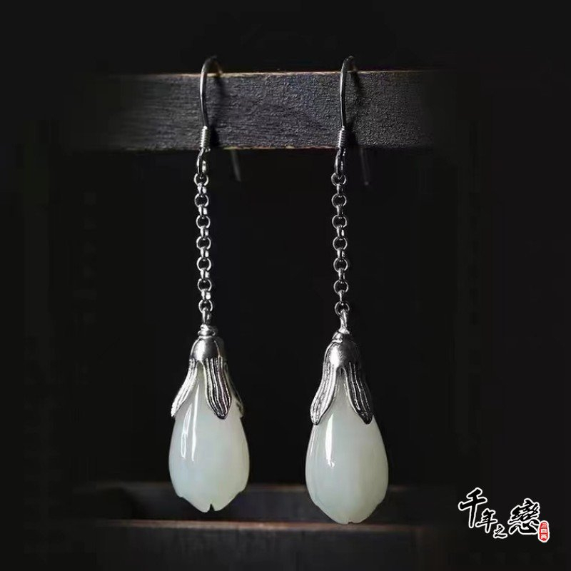 砡 5 點 和田玉 清時代耳環 中國古美術 小物アクセサリー 現貨✨ 千年之戀✨ 中國風耳環漢服耳勾古風耳針旗袍耳環古代仿和田玉耳