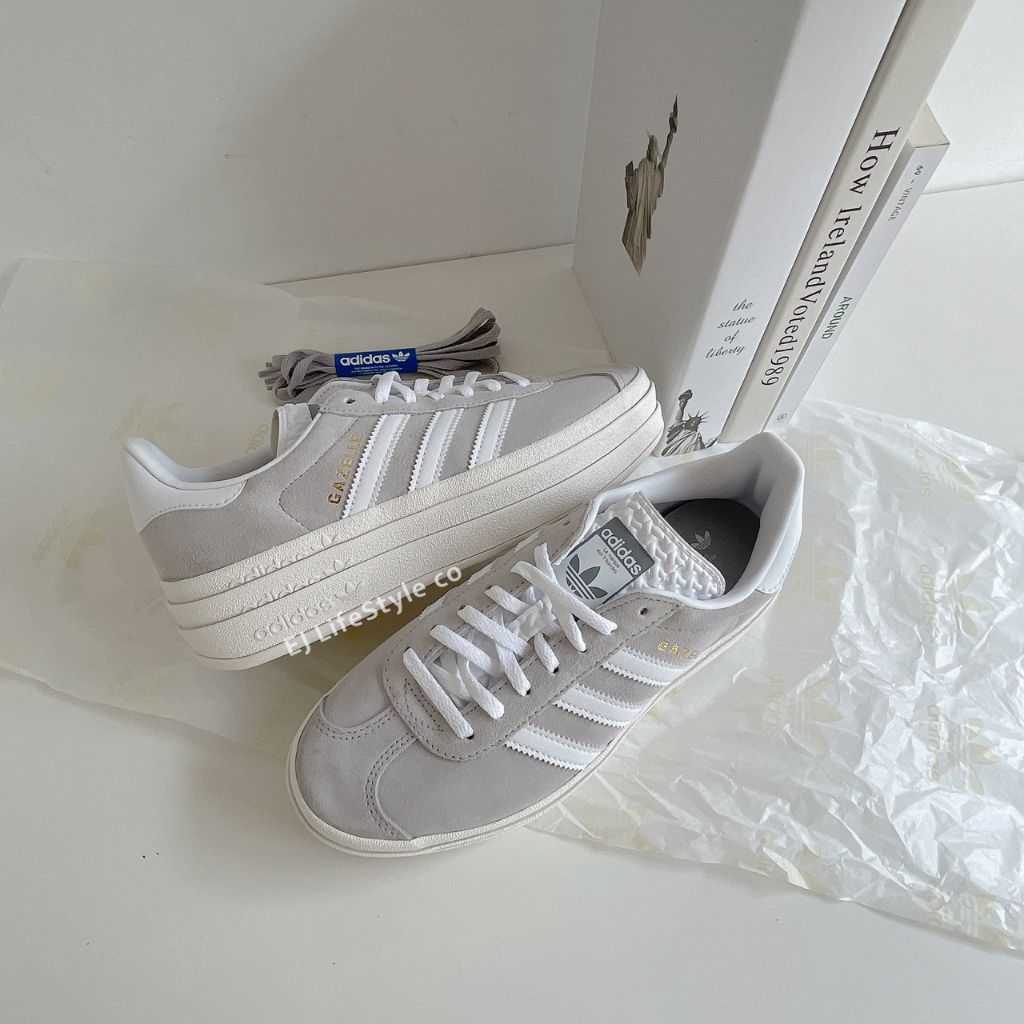 EJ- 現貨ADIDAS GAZELLE BOLD 厚底堆疊解構三葉草奶油底灰麂皮運動