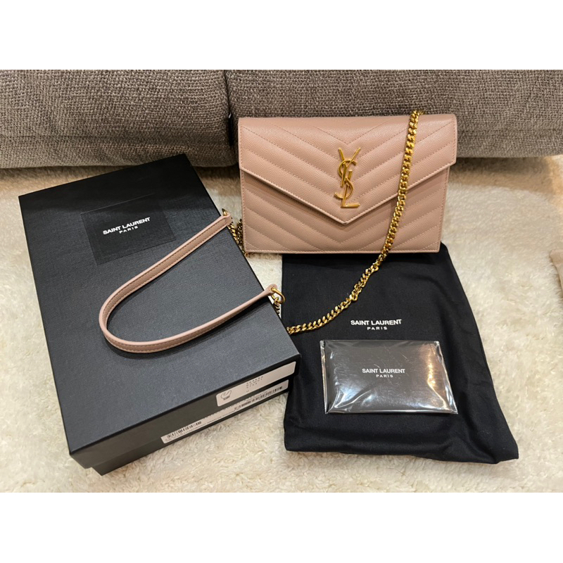二手包包 專櫃正品 現貨 YSL 信封 WOC 包包 粉/金鏈袋包 | 蝦皮購物