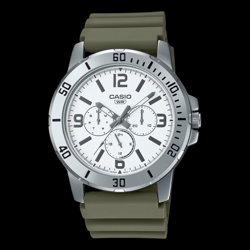 【金台鐘錶】CASIO 卡西歐 MTP-VD300-3B (白面x綠膠錶帶)日期顯示 生活防水(時尚三眼) | 蝦皮購物