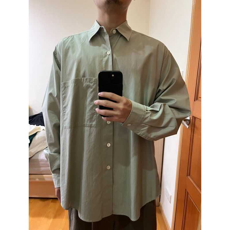 二手) AURALEE / WASHED FINX TWILL BIG SHIRTS 淺綠色3號寬版襯衫寬鬆