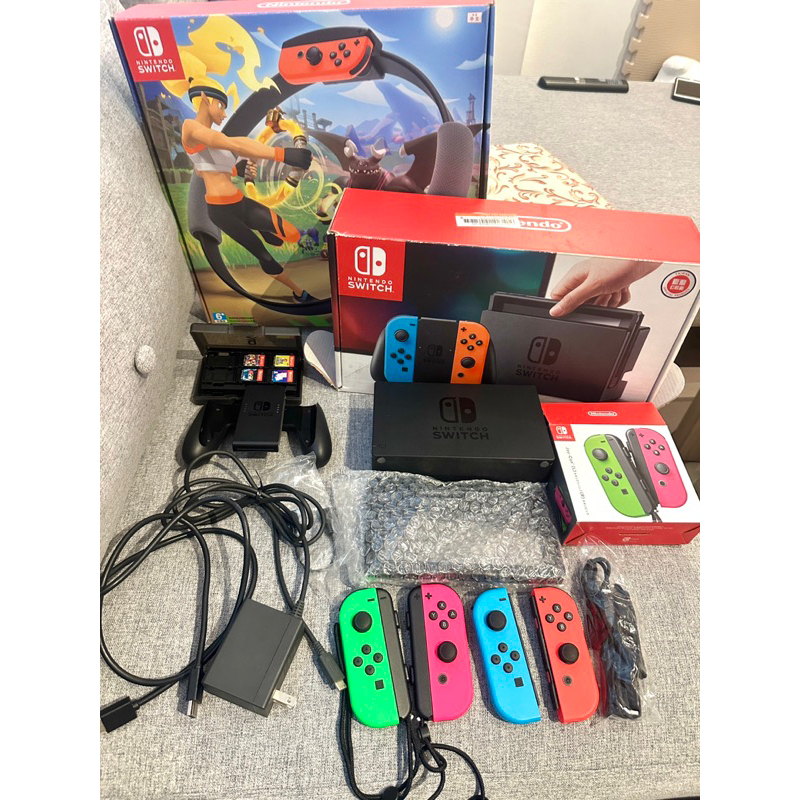 (大全配）任天堂 NS switch 主機+兩組手把+健身環+4遊戲片 初代主機 可改機