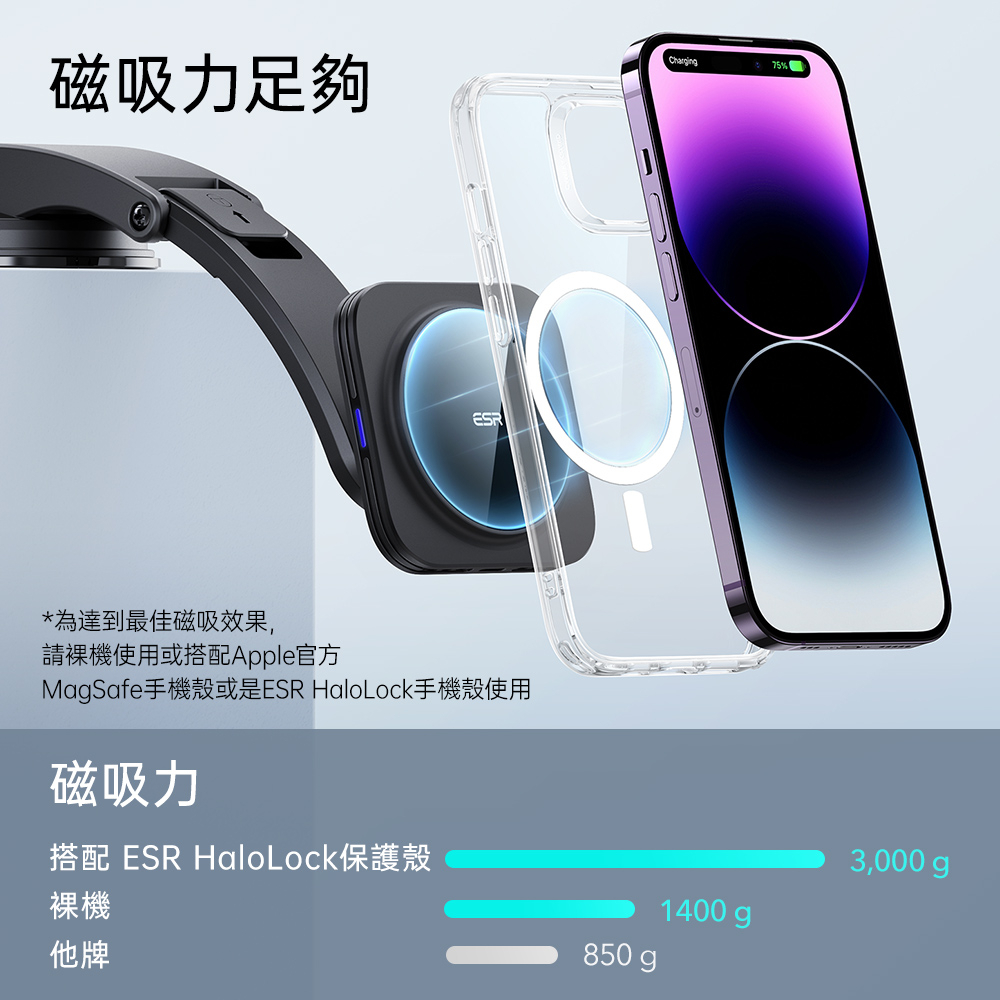 ESR 悅速鵝頸款 iPhone MagSafe 磁吸車用無線充電支架, 黑