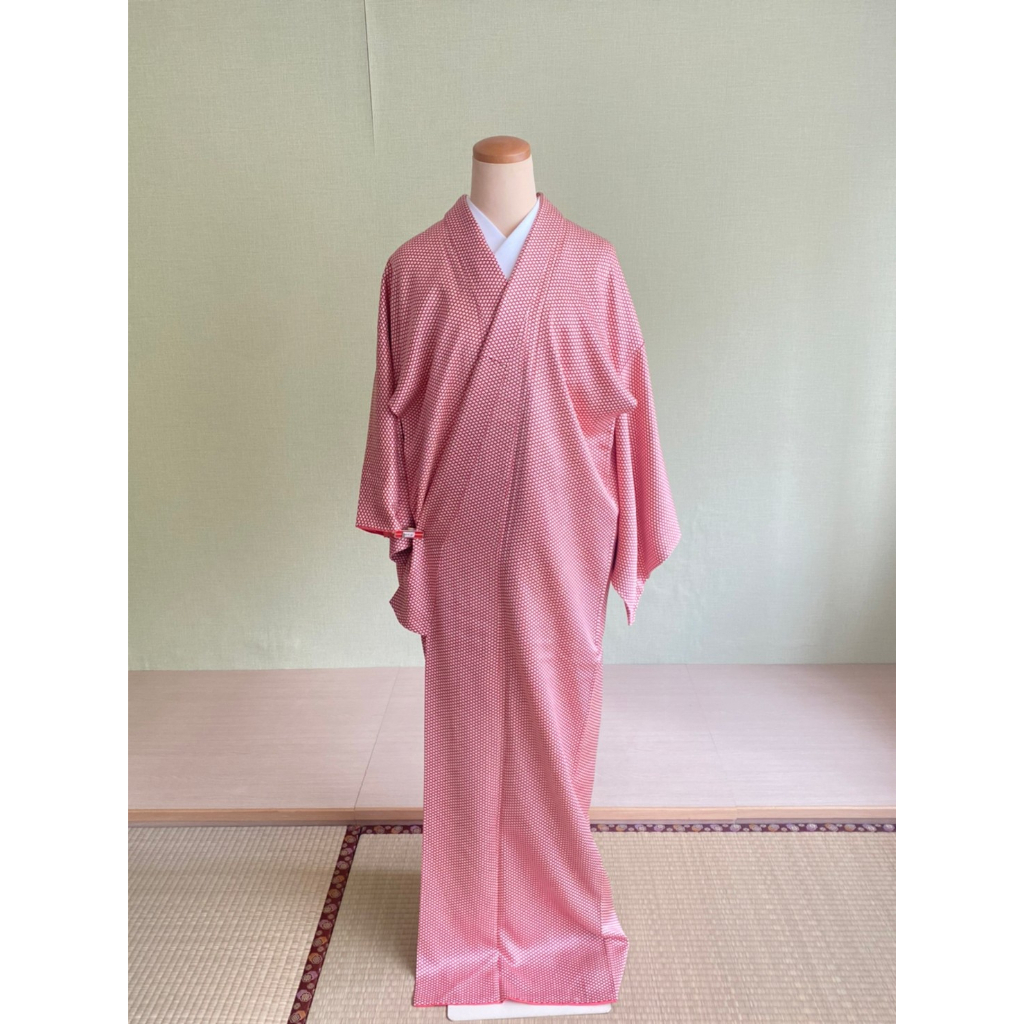 中古女生和服小紋- 古著-紅色白色 七寶格子-153cm