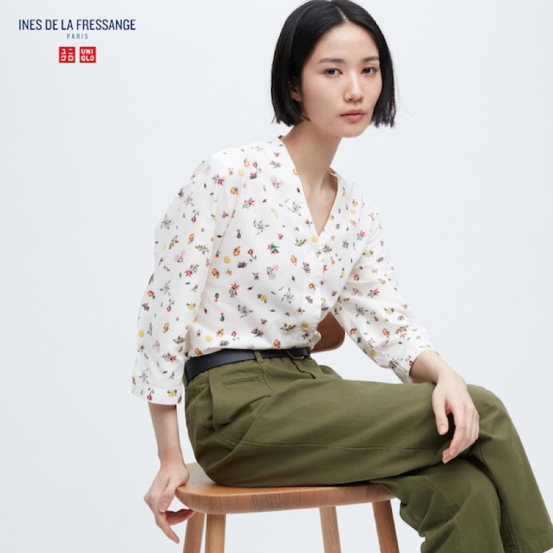 UNIQLO x INES DE LA FRESSANGE 棉質斜紋V領襯衫（七分袖）M號457303