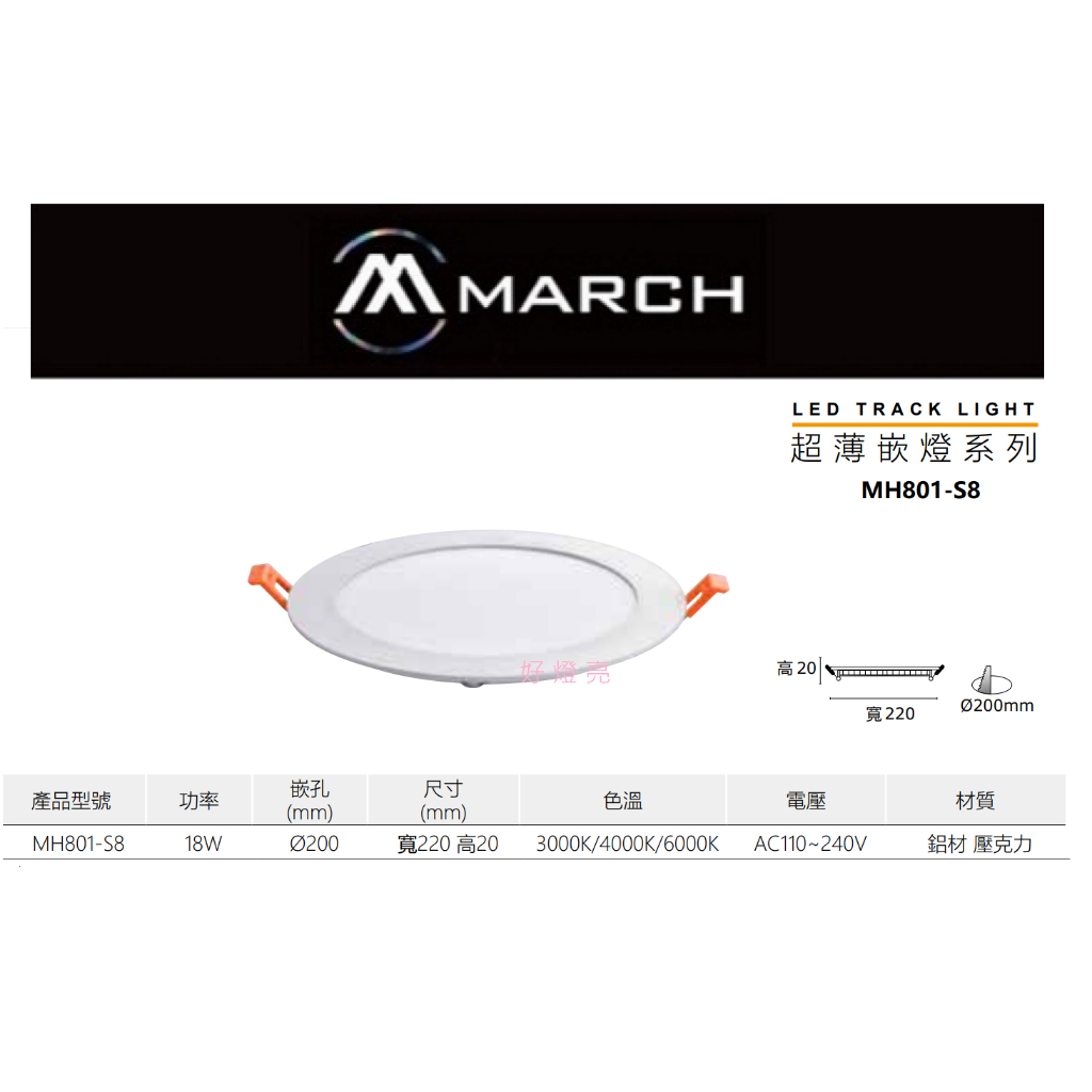 好燈亮~MARCH LED 18W 崁燈 20cm 超薄 崁燈 薄型 全電壓 保固1年 MH801-S8 | 蝦皮購物