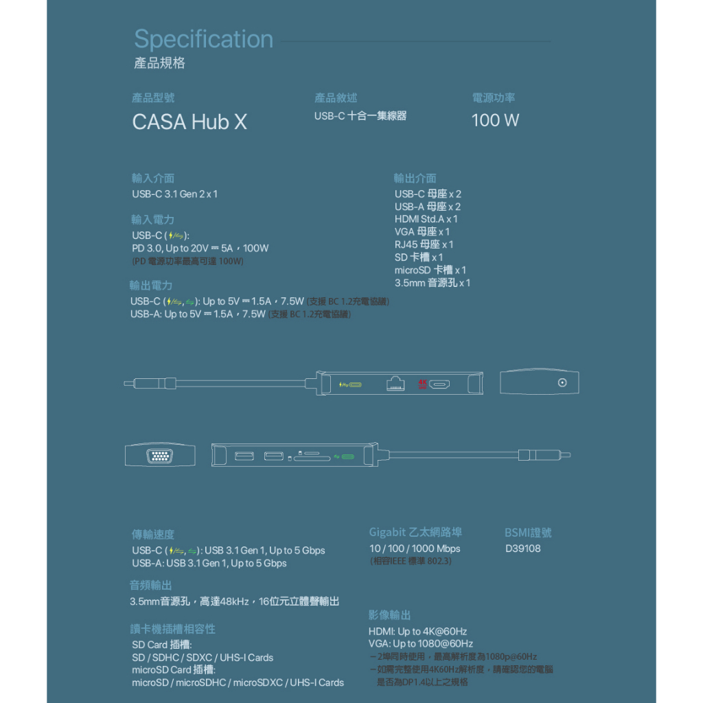 ADAM 亞果元素 HUB X 支援 USB-C 3.1 10 Port 集線器, 太空灰