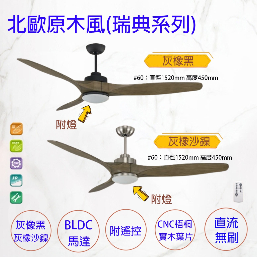 台灣製 吊扇 60吋 北歐實木 工業造型 吊扇燈 DC吊扇 直流變頻 LED 16W 附遙控 | 蝦皮購物
