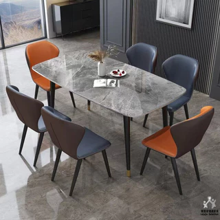大理石巖板餐桌椅組合家用 小戶型現代簡約餐椅組合  輕奢北歐長方形亮光面餐桌 吃飯桌子