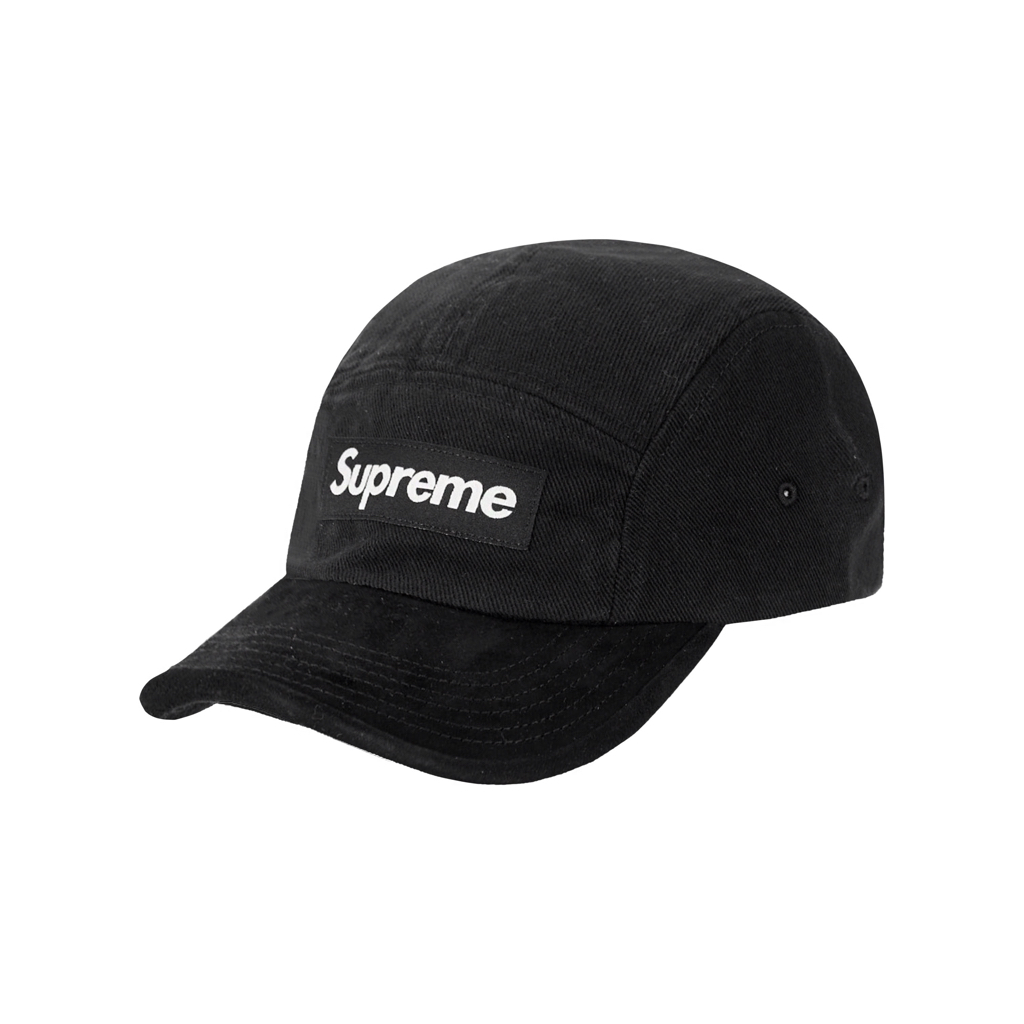 SUPREME 23SS SUEDE VISOR CAMP CAP 麂皮拼接黑色彎檐五分割帽