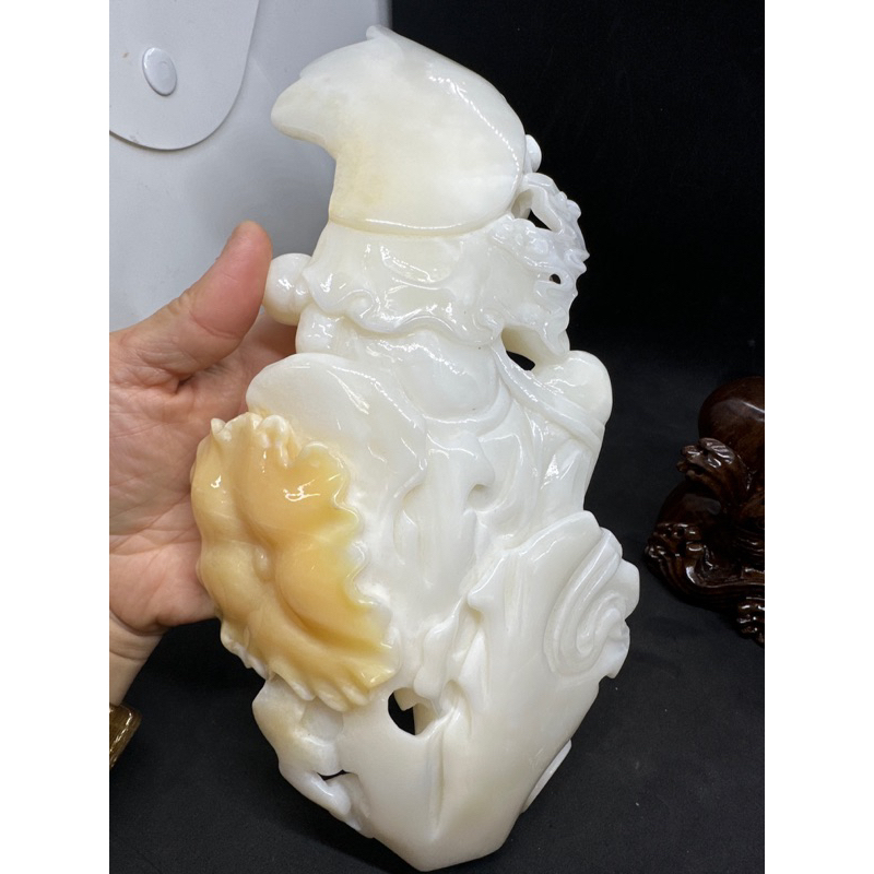 D8488 頂級收藏品天然有機寶石原礦玉化黃金硨磲雕刻觀音雕件擺件附實木