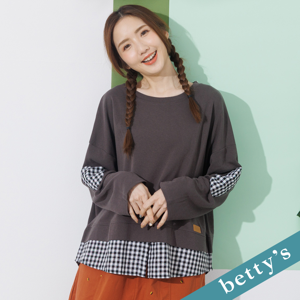 Betty’s貝蒂思 21 手肘格子布拼接落肩t Shirt 深灰 蝦皮購物