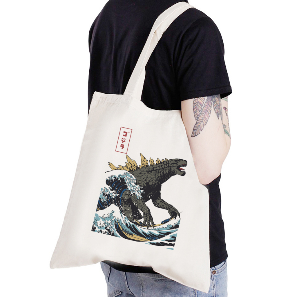 Godzilla Hokusai Monster 授權帆布環保購物袋 米白 袋潮流哥吉拉怪獸服飾浮世繪日本 | 蝦皮購物
