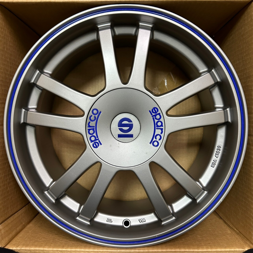 17吋鋁圈正OZ SPARCO RALLY 5X114.3 7.5 J ET 45 * 73.1 銀底邊滾藍