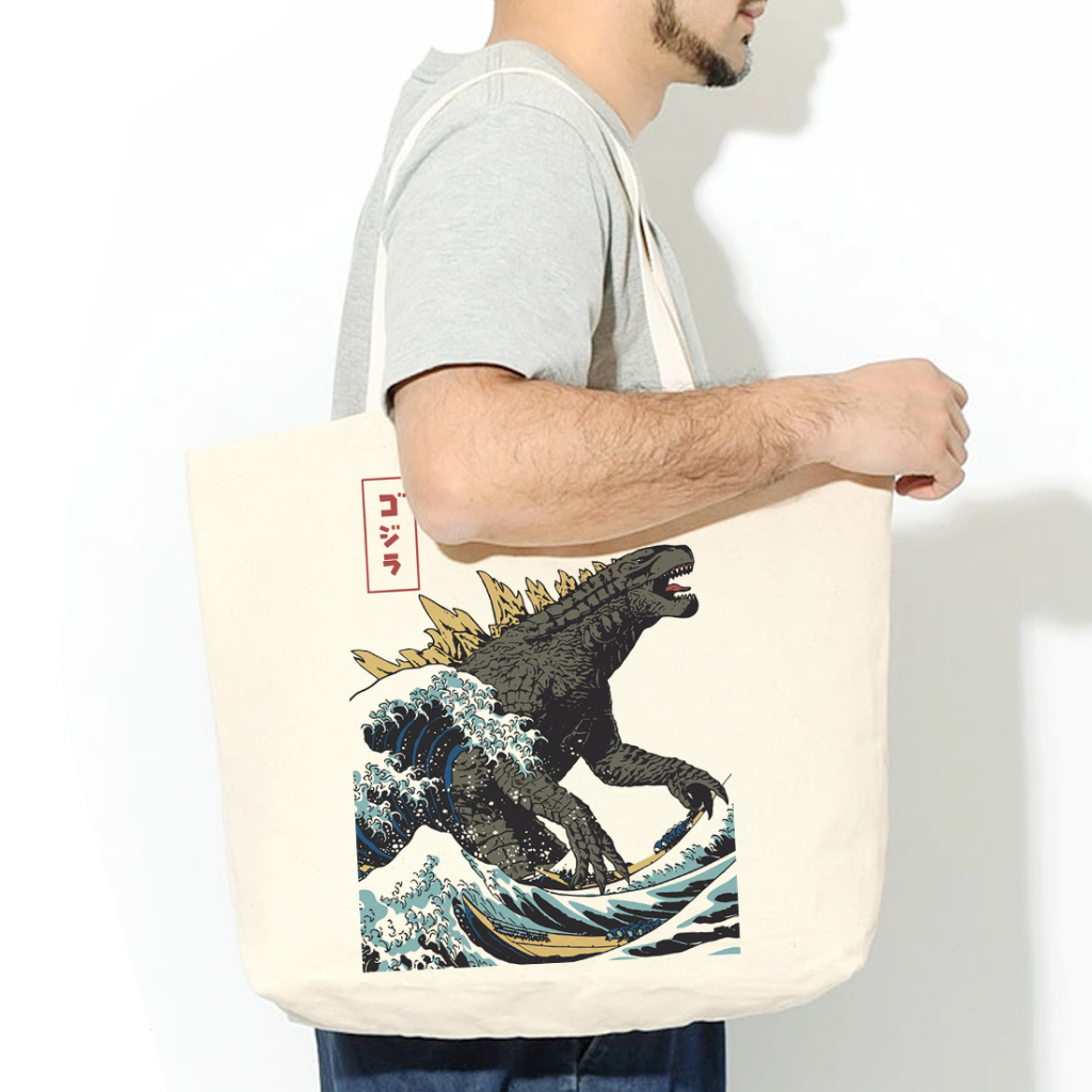 Godzilla Hokusai Monster 授權帆布環保大購物袋 米白 帆布袋潮流哥吉拉怪獸服飾浮世繪日本武士海嘯 | 蝦皮購物