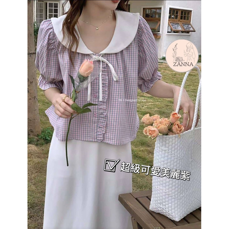 《zanna韓系服飾》3005太可愛了吧！！甜美可愛風格子單品上衣～～～ 蝦皮購物