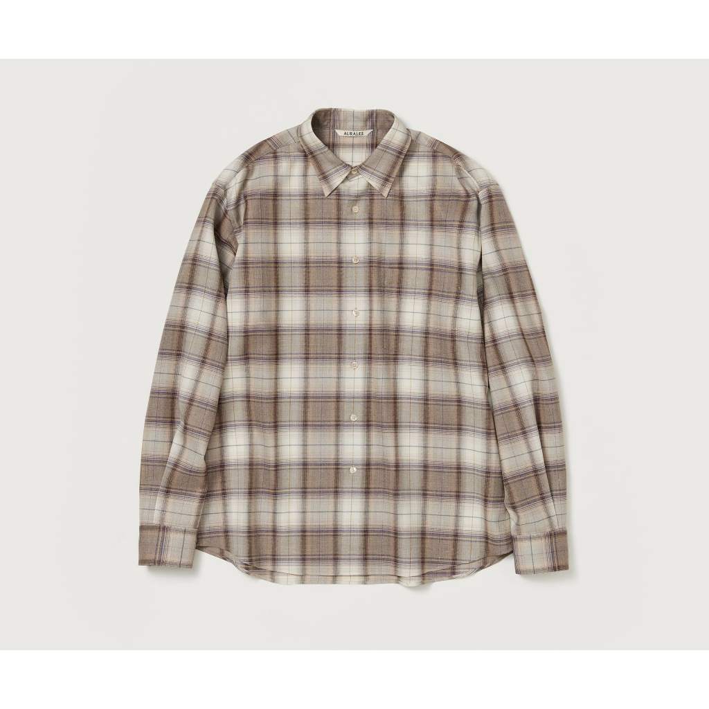 全新) AURALEE / SUPER LIGHT WOOL CHECK SHIRT 3號羊毛長袖襯衫棕色格