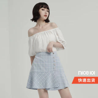 niceioi 水藍格紋排釦短裙【特惠】女裝 現貨 快速出貨