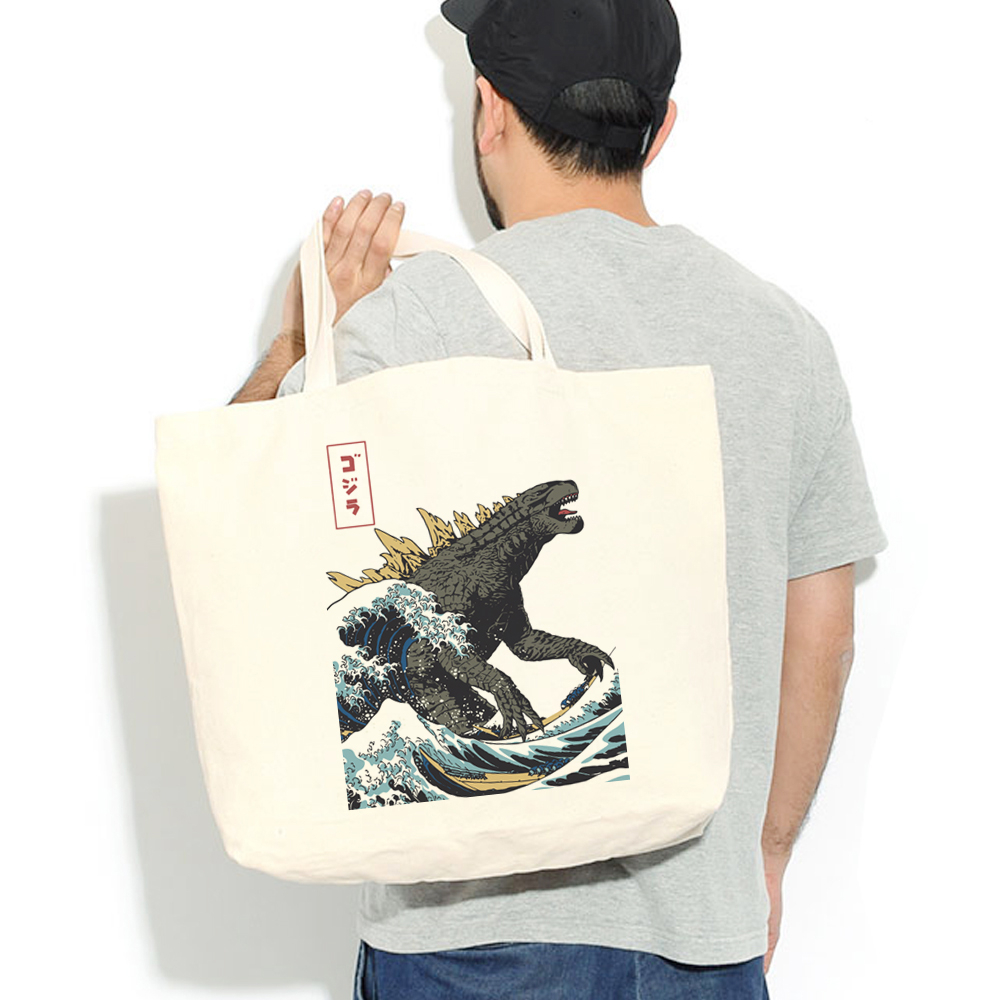 Godzilla Hokusai Monster 授權帆布環保大購物袋 米白 帆布袋潮流哥吉拉怪獸服飾浮世繪日本藝妓武士 | 蝦皮購物