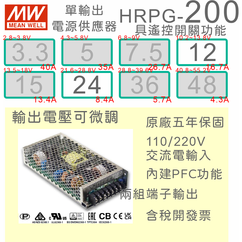 保固附發票】MW 明緯PFC 200W 長壽命電源HRPG-200-12 12V 24 24V 馬達