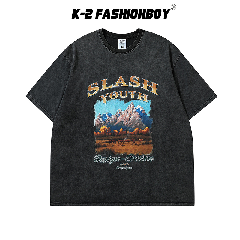 K-2】SLASH YOUTH 風景相片T 水洗短T 短袖上衣山脈馬穿搭潮流小紅書百