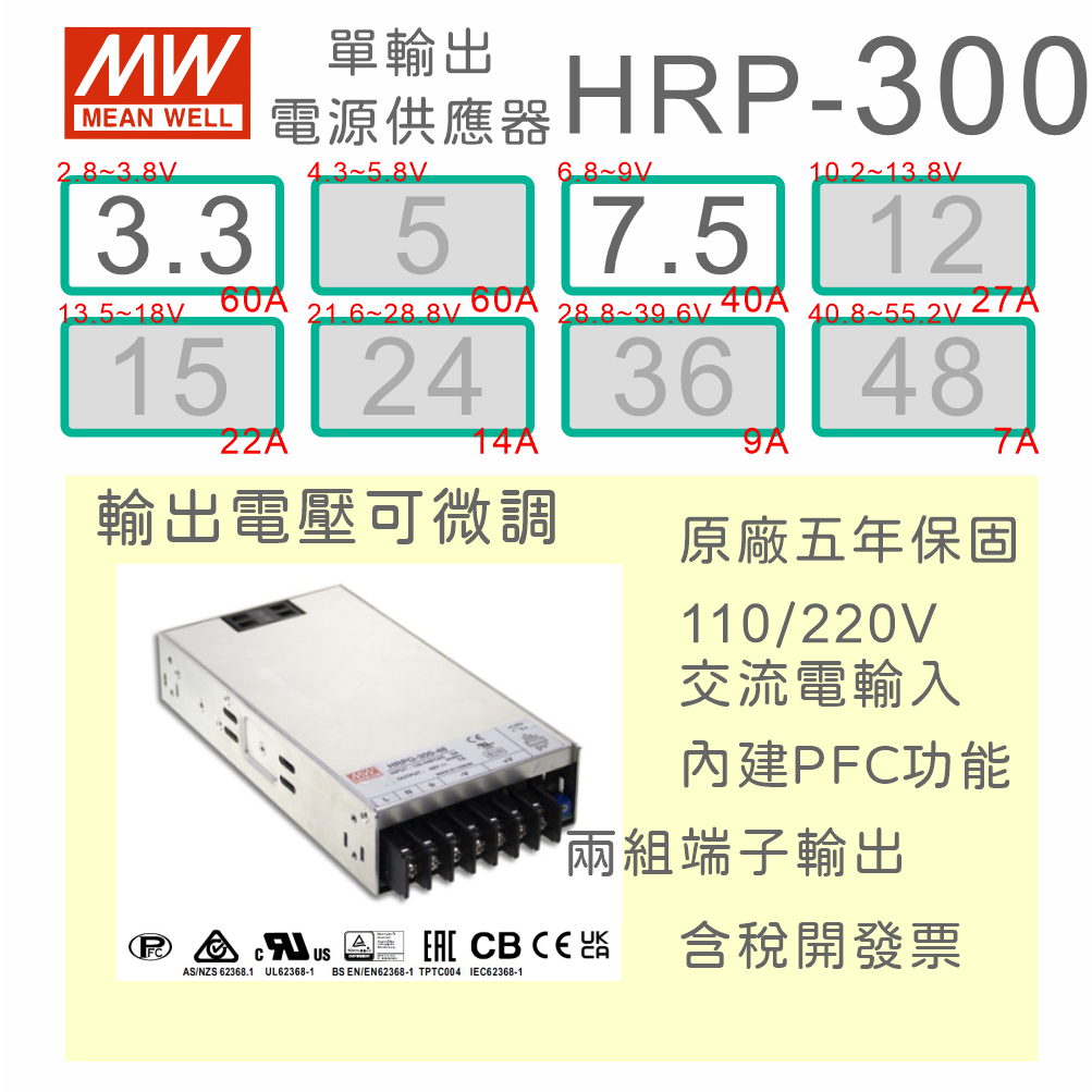 【保固附發票】MW 明緯 PFC 300W 長壽命電源 HRP-300-3.3 3.3V 7.5 7.5V 馬達驅動器 | 蝦皮購物