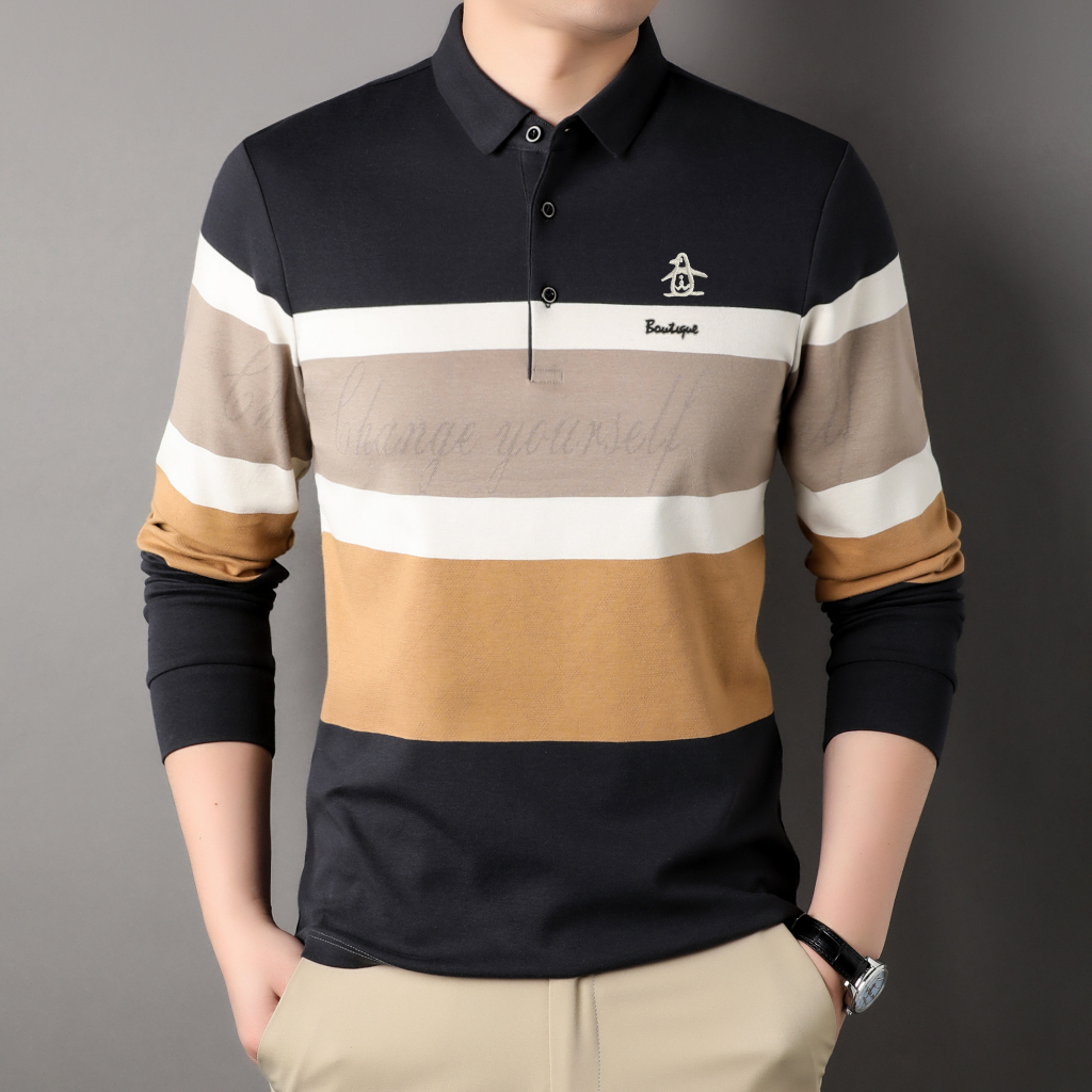 秋冬新款 刺繡logo 長袖polo衫 翻領上衣 男士翻領長袖polo衫 條紋長袖男 休閒上衣男 polo領 | 蝦皮購物