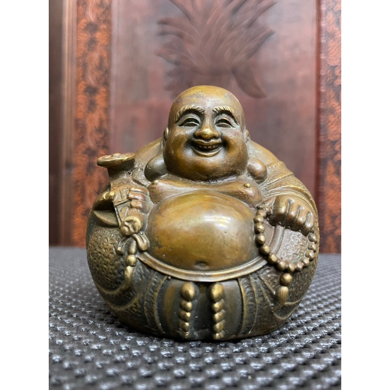 100％品質 精品銅雕收藏」 老件銅器/銅雕/浮雕黃銅/手持如意念珠/ 彌勒佛 真鍮製