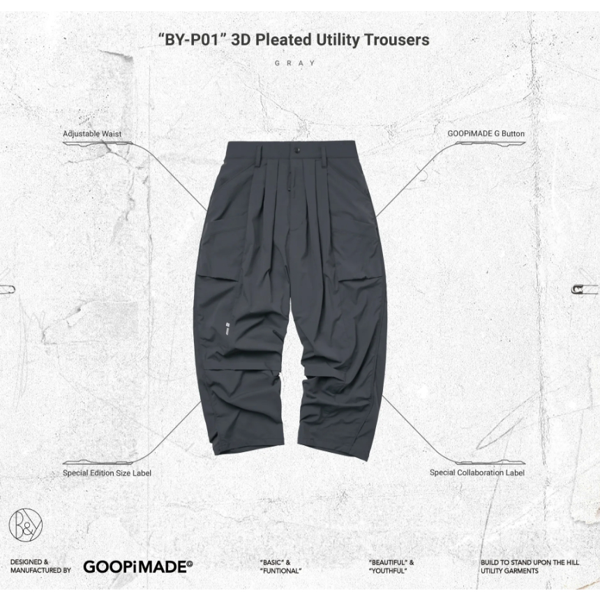 Goopi “BY-P01” 3D Pleated Utility Trousers - Gray | 蝦皮購物