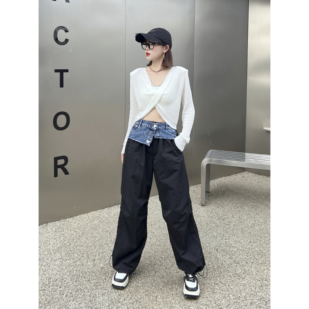 Y2 style ️q牛仔拼接滌綸休閒個性長褲 ️Y2style歐美設計款寬鬆個性中大尺碼y1-230849 | 蝦皮購物