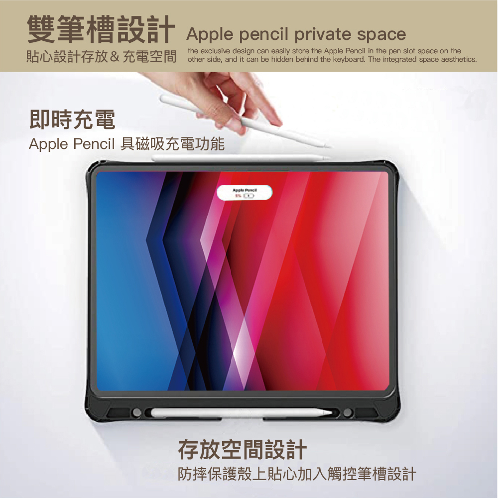 Lycander Transform 軍規防摔 iPad 10.2 吋 (第 9 代，2021) 藍牙無線鍵盤保護殼 - 繁體, 黑