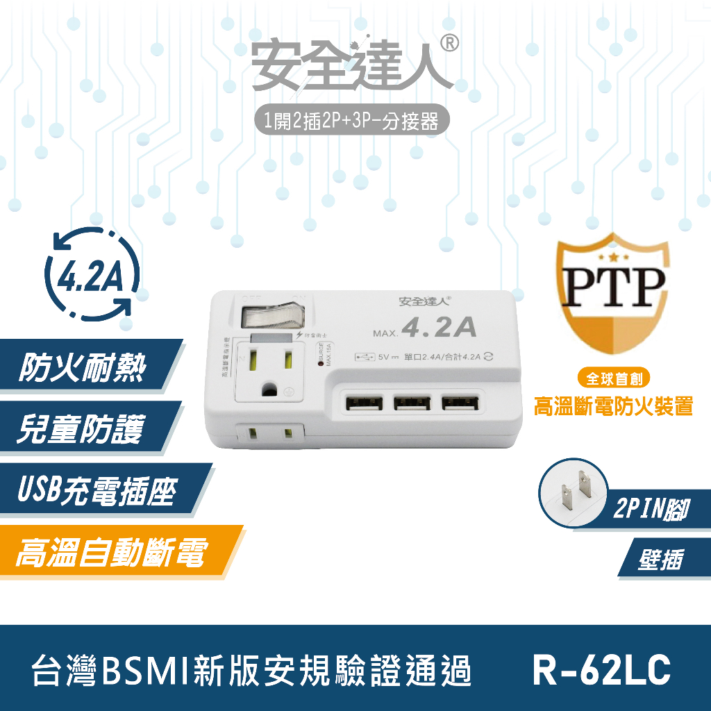 【安全達人R-62LC】1開2插2+3P 壁插 分接器 多口壁插 多開多插壁插 快充插座 PTP插座 USB插座 | 蝦皮購物