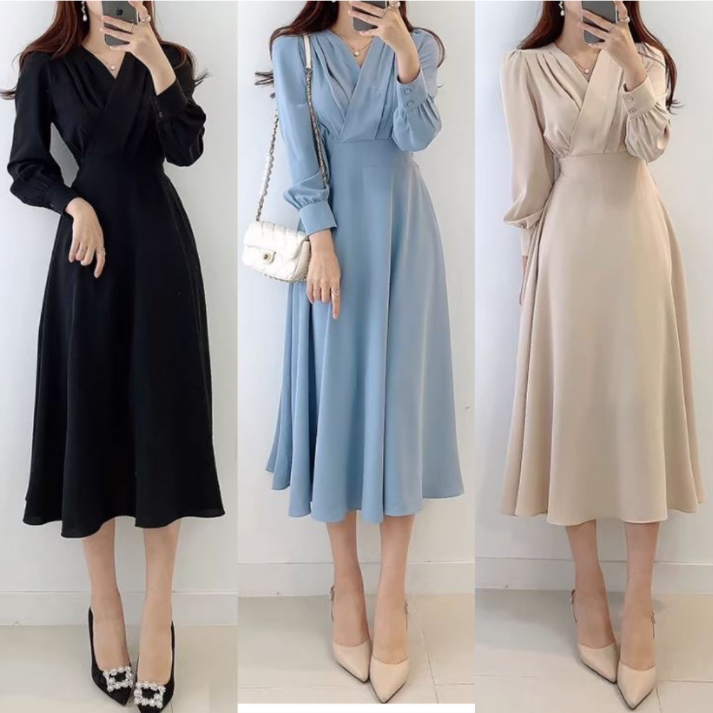 CB645 Party Dress 小摺領口仿兩件A字連身裙 - Navy 深藍色 main image 1