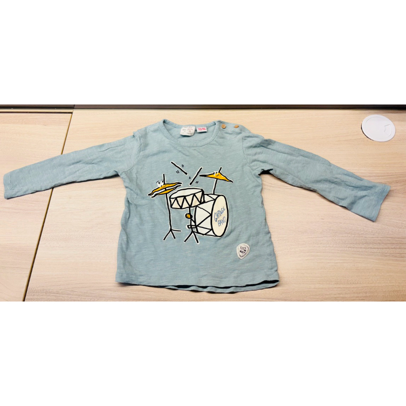 《9成新》 Zara baby 兒童藍綠色薄長袖T-shirt/休閒衫/可愛爵士鼓/內衣/92公分/18-24M